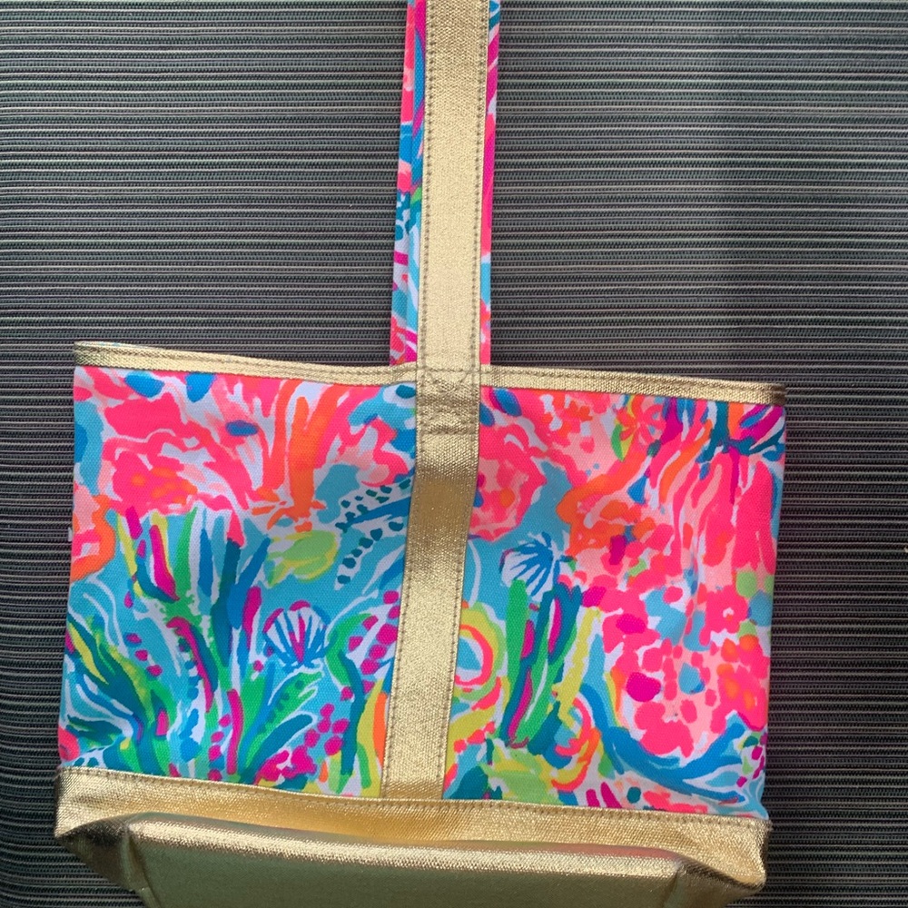 Lilly Pulitzer Gold-Trim Multicolor Floral bucket Tote wine carrier bag preppy